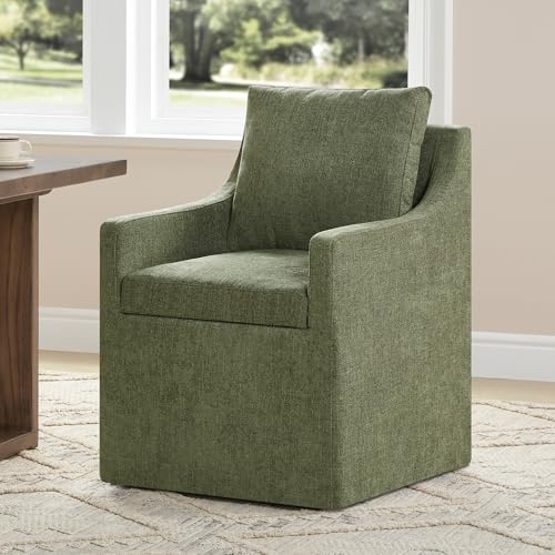 Image of KISLOT Upholstered Dining Chairs Set of 1 with Casters, Moss Green | Modern Rolling Dining Room Arm Chairs with Washable Cover, Hidden Storage Seat, Linen Look Fabric, Padded Kitchen Chairs