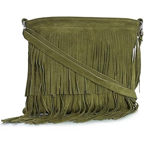 LiaTalia Womens Fringe Handbag - Real Italian Suede Leather - Tassle Effect Shoulder Bag - Cross-Body Messenger Bag (Large Size) - ASHLEY [Olive Green] Cover