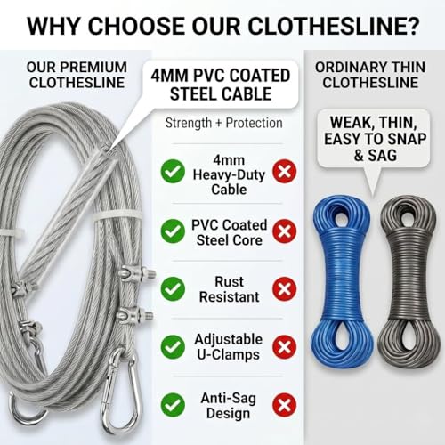 Image of DAREV Heavy Duty Clothes Drying Rope 5 Meter with Hooks | Strong Steel Clothesline for Balcony, Bathroom, Travel & Camping | Rust-Resistant Durable Cloth Line for Indoor & Outdoor Use (Silver)