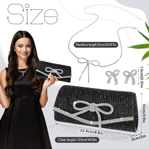 Image of Cutecrop 3 Pcs Fashion Women Bow Evening Clutch Jewelry Set, Black Bag Purse Wedding Rhinestone Necklace Earrings for Prom Party