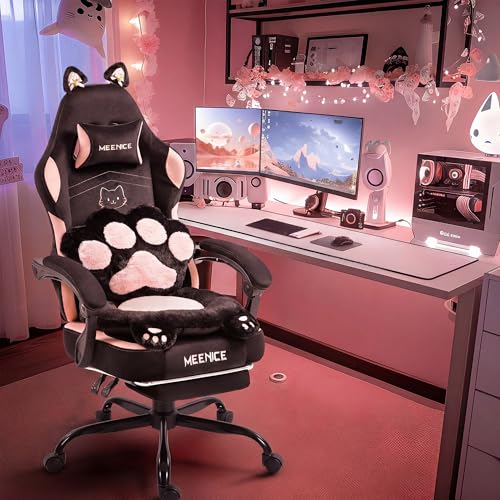 MEENICE Pink Gaming Chair Cute with Cat Ears Paw Lumbar and Cushion Ergonomic Computer Chair with Footrest Reclining PC Game Chair for Girl Computer Chair 300lbs for Adult