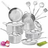 Anyfish Stainless Steel Cookware, 16PC Cookware Set Includes Saucepans, Skillets, Stockpot, Saute Pan, Steamer and Lids, Pots and Pans Set Dishwasher-safe 16 Pieces without Plastic - Silver