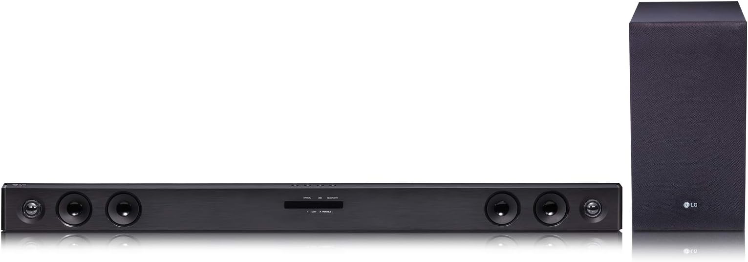 LG SJ3 300W Powerful Sound, 2.1 Ch with Dolby Audio and DTS Digital Surround, Wireless subwoofer for Deep Bass Sound,Bluetooth, Portable in, Optical, USB and TV Sound Sync, LG Sound bar App (Black)