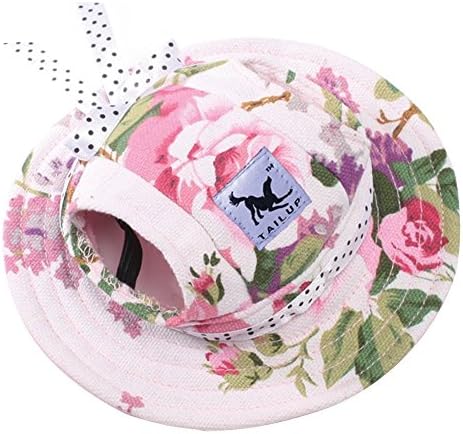 Pet Cap, Round Hat Fashion Dog Canvas Princess Hat Baseball Adjustable Chin Strap Sun Protection Visor for Puppy Dog (M, Flower)