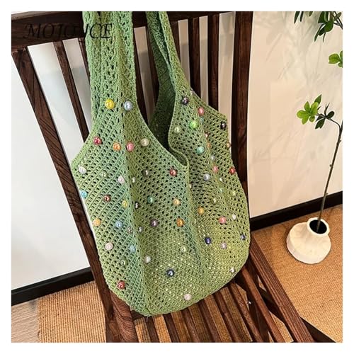 Women Knitting Shoulder Bag with Colored Beads Crochet Bag Large Capacity Beach Tote Bag Ladies Daily Handbag Straw Tote Bag4