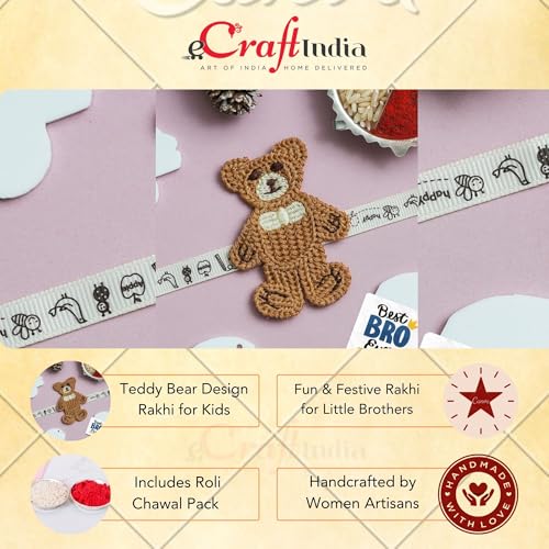 Image of eCraftIndia Teddy Bear Design Rakhi for Kids Girls Boys with Best Bro Ever Fridge Magnet | Raksha Bandhan Kids Rakhi for Brother Bhaiya Bhai | Roli Chawal Pack