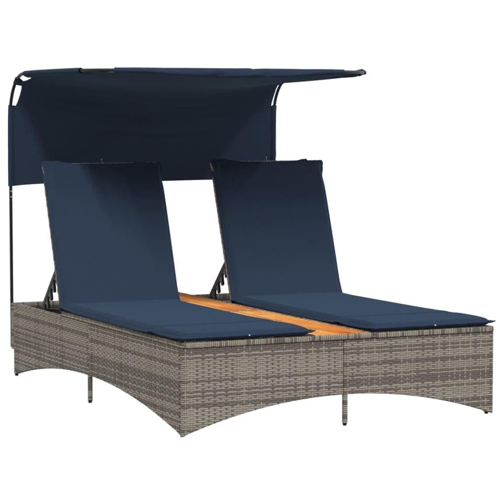 Chaise longue double avec auvent et coussins, polyrotin gris,