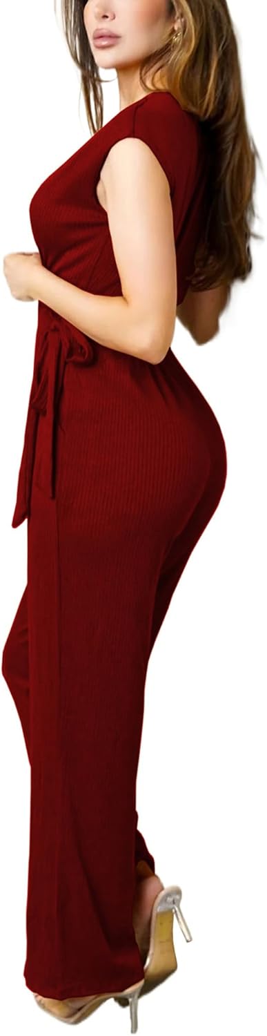 HugeNice Women's Casual Jumpsuits Sexy Wrap V Neck Belted Loose Wide Leg Long Pants Clubwear Romper - Image 2