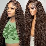 BIANFA 13x6 Brown Deep Wave Lace Front Wigs Human Hair Pre Plucked Wigs for Women Human Hair Chocolate Brown Curly Wet and Wavy Lace Front Wigs Brazilian Virgin Hair 220% Density（32inch）