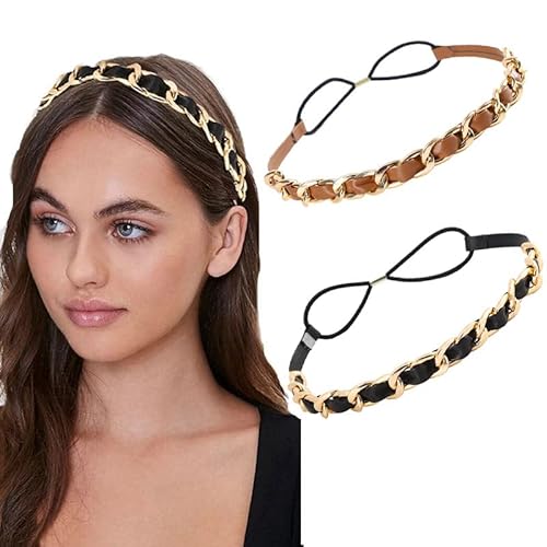 Generse Leder Stirnband Elactic Haarband Gold Kopfschmuck Vintage Haarschmuck für Frauen und Mädchen (2 Stück) Cover