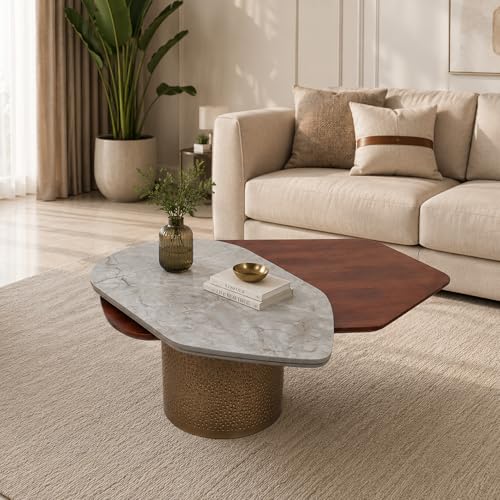 Image of The Attic Dotsy Coffee Table, Coffee Table for Living Room, Rovolving Marble top, Gold & Teak,Grey Finish