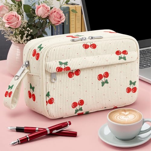 Image of WOBAGMEN Cute Pencil Case,Large Corduroy Zippered Pencil Case Pouch, Aesthetic Pencil Bag with Compartments, Pencil Pouch School Supplies (Cherry Polka Dots)