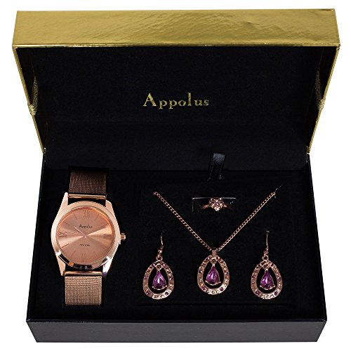 Appolus Womens Wrist Watch Set - Best Gift For Mom Wife Girlfriend Anniversary Graduation Watch Necklace Earrings Ring Gift Set (Rose Gold)