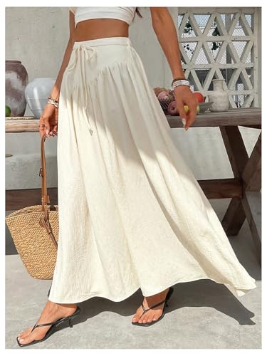 Verdusa Women's Drawstring High Waist Flowy Skirts Coquette Textured Flared Maxi Skirt3