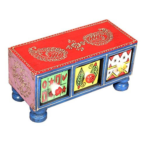 Image of Rectangular Lacquered 3-Drawer Wooden Chest with Ceramic Drawers (Standard Size, Multicolour)