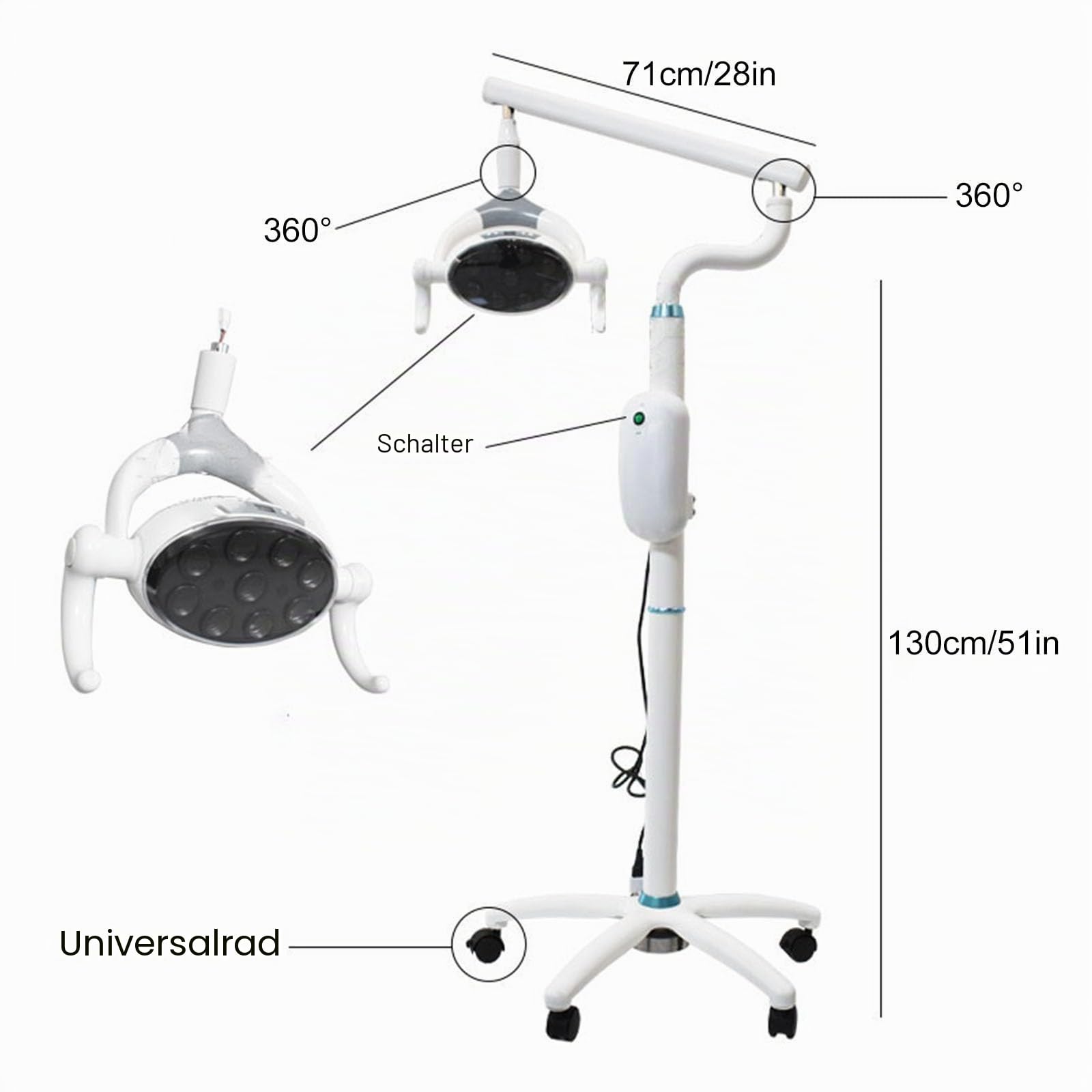 30W Op Untersuchungsleuchte Mobile, Dimmbar Op Leuchte, Chirurgische Untersuchungslampe, Standfuß für Orale Therapiegeräte, mit 9 LED Lampen