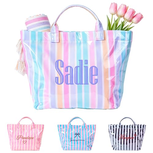 Bolsa tote de playa personalizada impermeable con rayas para mujer miniatura 1