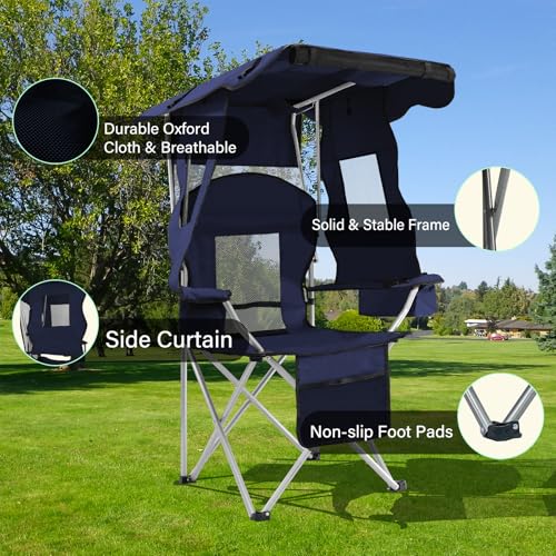PLKO Camping Chairs with Canopy, Portable Quad Lawn Chair for Adults, Folding Recliner Chair with Cup Holder Outdoor Events and Shade- Support 330 LBS,Blue