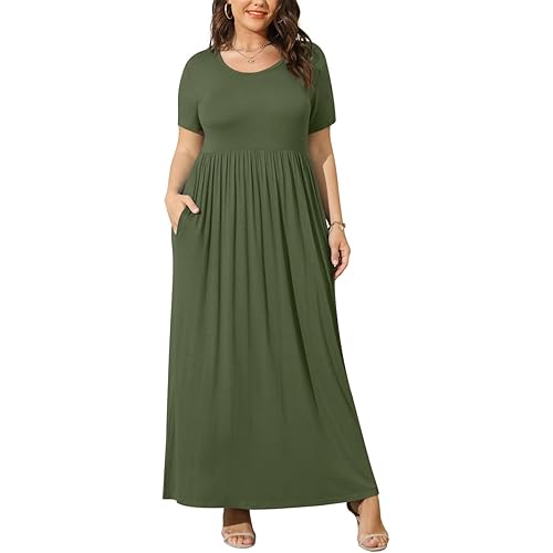 BISHUIGE Plus Size Maxi Dresses for Women Summer Casual Short Sleeve Long Dress with Pockets XL-6XL