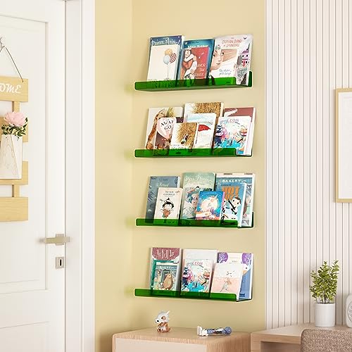 Image of upsimples 4 Pcs 15 inch Acrylic Shelves for Wall Decor and Display, Green | Cute Floating Shelf for Perfume, Skincare, Nail Polish, Wall Organizer for Bedroom, Living Room, Playroom, Room Decor