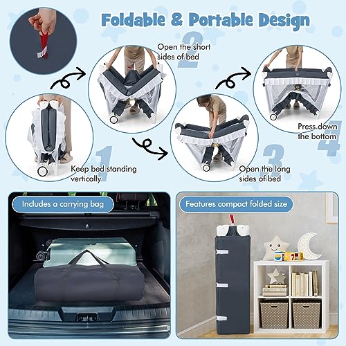 Image of BABY JOY 4 in 1 Pack and Play with Canopy, Portable Baby Playard with Bassinet, Double-Layer Baby Crib, Wheels & Brake, Foldable Baby Girl Pink Bassinet from Newborn to Toddler