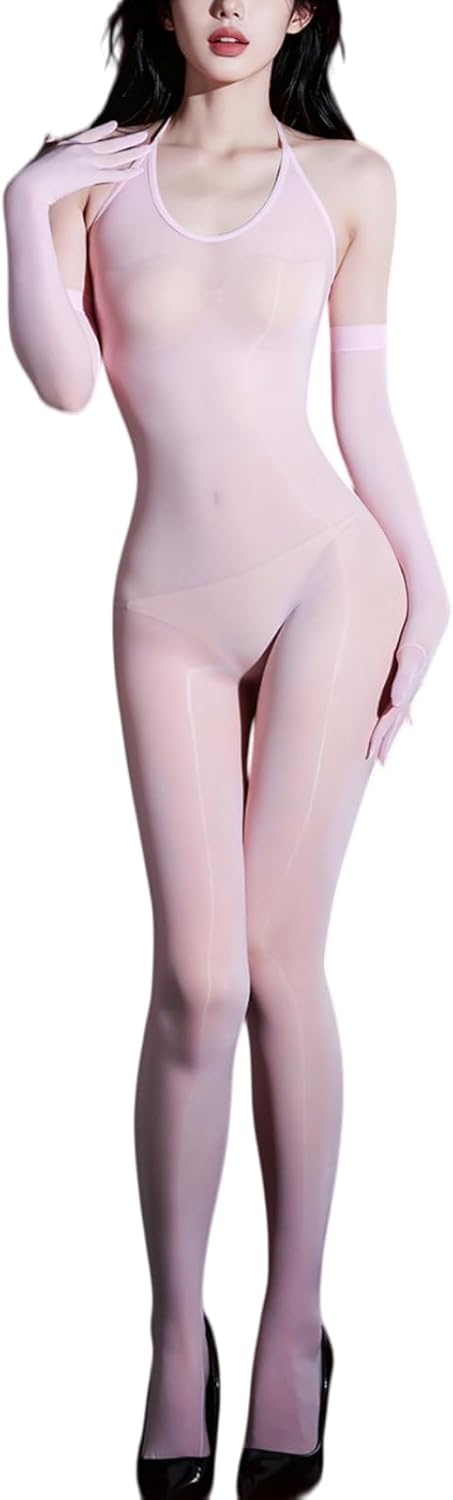 Body Stockings for Women Sexy Halter Full Body Tights Oil Shiny Bodysuit Wearing Five-finger Gloves