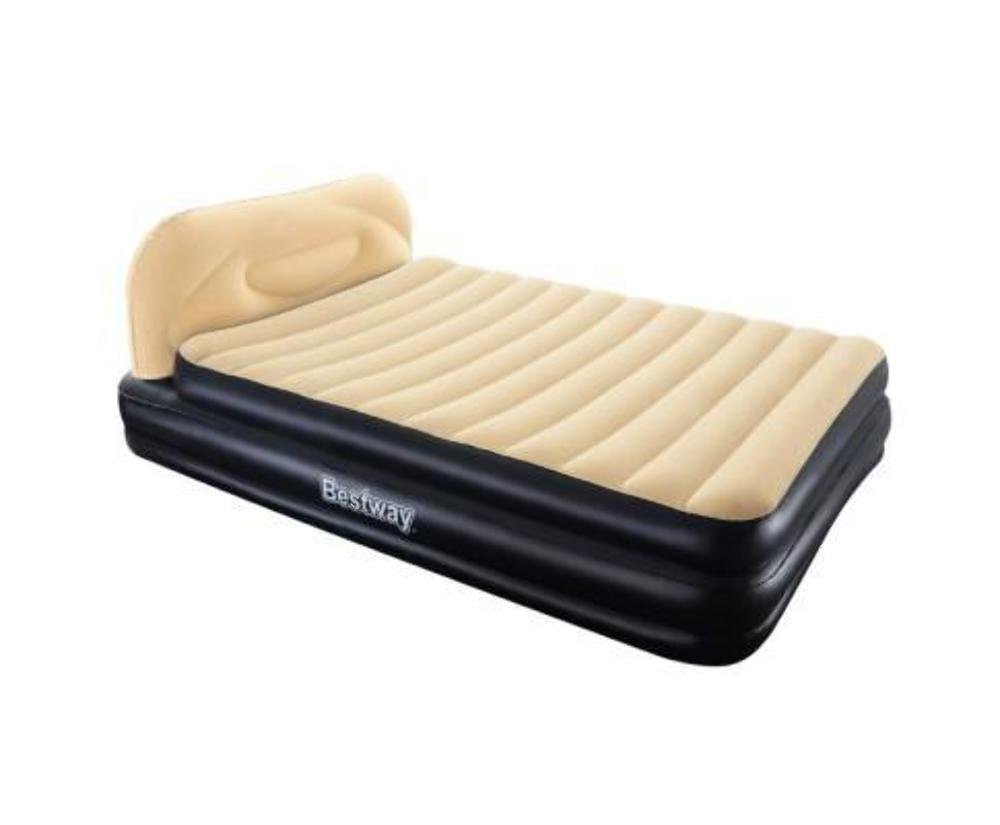 Bestway Airbeds Flocked Cornerstone Quick Inflation Indoor Air Mattress with Built-In Pump, Headboard and Travel Bag, Beige, Queen
