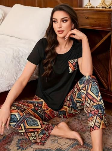 Image of Celary Women's Cotton Blend Printed Night Suit Set||Soft & Breathable Short Sleeve Top & Ethnic Print Pyjama Set||Also Available in Plus Size||Korean Night Suit||Comfortable Home Wear & Sleepwear