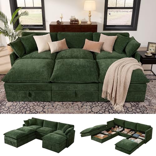 Image of Ihanherry Oversized Sectional Sofa Bed with Storage, 103 inch 6-Seater Modular Cloud Couch with Movable Ottomans, Chenille Deep Seat Sleeper Couches for Living Room (Green)