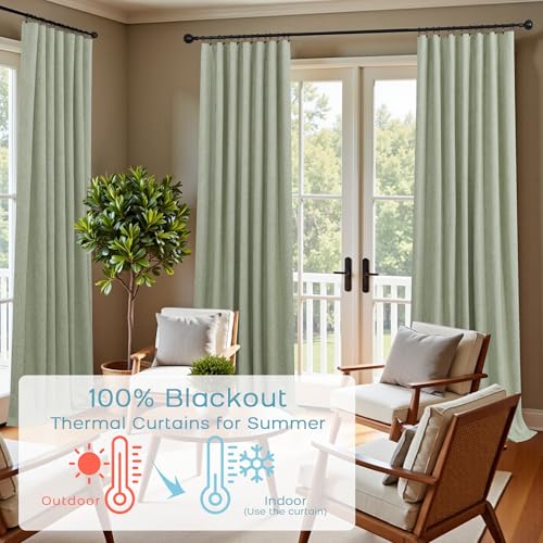 Image of Sage Green Linen Blackout Curtains for Bedroom 84 Inch Long Black Out Pleated Thermal Darkening Light Blocking Boho Farmhouse Cottage Core Soundproof Sound Proof Curtains for Office Window Living Room