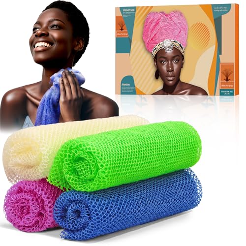 SpiralScgv 4 Pieces African Net Sponge – Effective Deep Cleansing and Exfoliating Mesh for Glowing Skin – Stretchable, Quick-Dry Exfoliating Bath Sponge(Blue, Green, Purple, White)