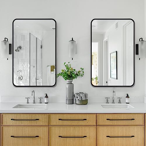Rozycher Black Rectangle Mirror 22X30 Inch, Large Wall Mounted Mirror For Bedroom, Black Bathroom Mirror For Wall, Rounded Rectangle Mirrors For Bathroom, Living Room, Bedroom, Entryway, Office #TOP4