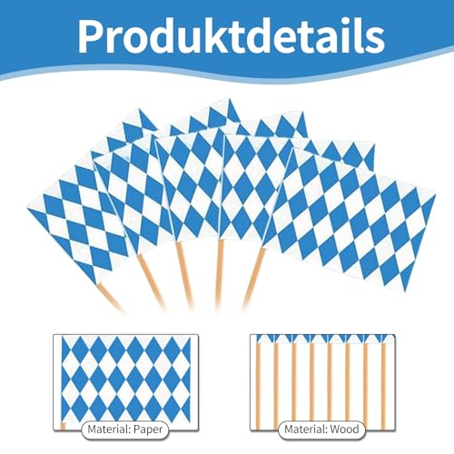 100 Stück Bayern Zahnstocher Flaggen,Bayerische Deko,Bayern Flagge für Cocktail Cupcake Dekorationen und Bayerisches Oktoberfest Deko,Bayrisch Oktoberfest Partydeko,Oktoberfest Tischdeko