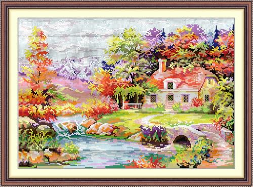 Amiiba Kits de punto de cruz preimpresos para adultos, cabaña de otoño de 11 quilates, kit de bordado estampado para decoración de pared para principiantes y niños (cabaña de otoño)