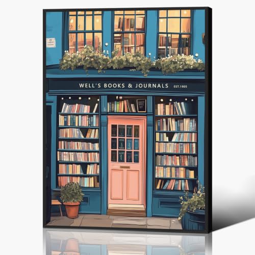 Image of Book Canvas Wall Art, Antique Book Shop Room Aesthetic Poster, Bookish Reading Art Print, Literature Art Picture for Home Library Reading Nook Wall Decor 16x24in Framed