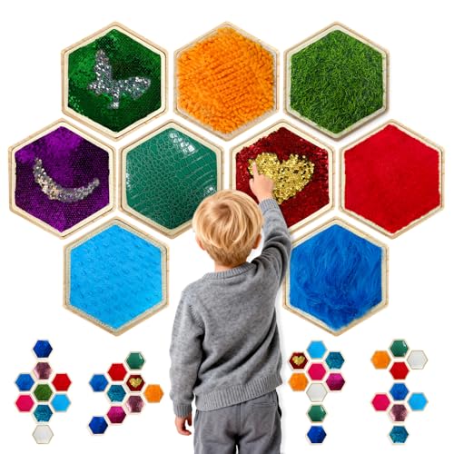LILXIU 16 PCS Sensory Wall Panel with 9 Wooden Frame Replaceable Flip Sequin Board Textured Sensory Mats for Wall and Floor Early Learning Fidgeting Activity