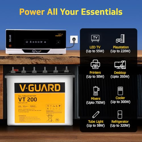 Image of V - Guard Smart Inverter & Battery Combo (Smart Pro 1200 S Solar Inverter with VT 200 (200Ah Tall Tubular Battery)) for Home, Office & Shops