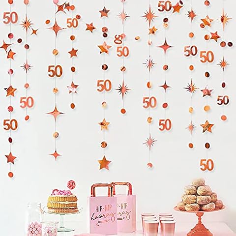 Rose Gold 50th Birthday Decorations Number 50 Circle Dot Twinkle Star Garland Metallic Hanging Streamer Bunting Banner Backdrop for 50 Year Old Birthday Happy 50th Anniversary Fiftieth Party Supplies Cover