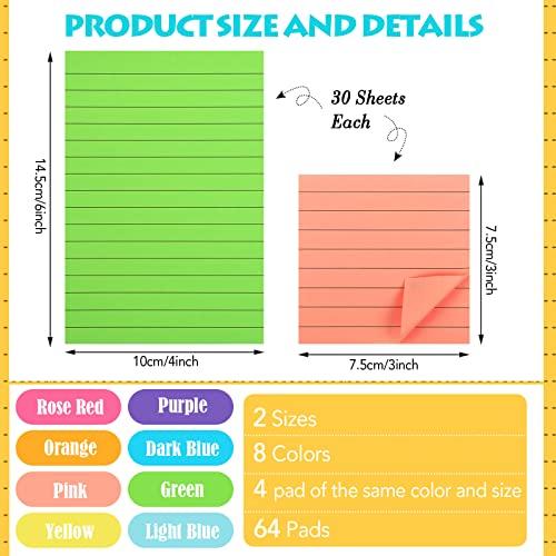 Image of Yexiya 64 Pcs Lined Sticky Notes Self Stick Notes Bulk, 4 x 6in, 3 x 3in