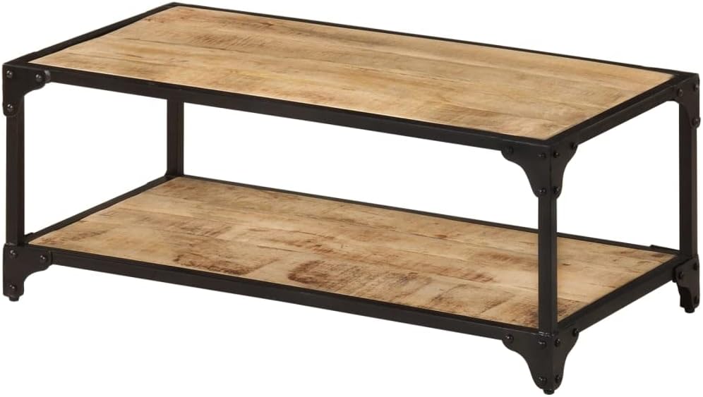 vidaXL Vintage-Style Coffee Table with Storage Shelf, Made from Solid Rough Mango Wood and Black Iron Frame - Rectangular, Retro Design, 35.4"x17.7"x13.8"