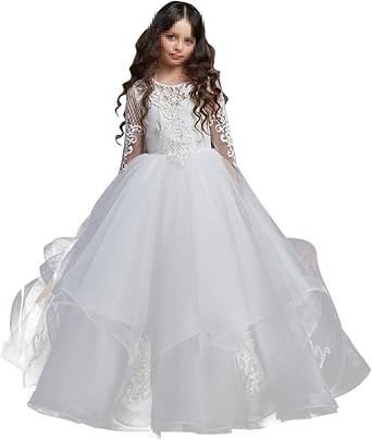 Flower Girls Dress Lace Long Sleeve Crew Neck Embroidery Tulle Princess Wedding Pageant Elegant Formal Dresses,White,89