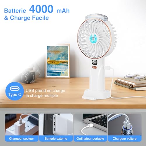 Ventilateur Portable - 4000mAh Mini Ventilateur Bureau Brumisateur,5 Vitesses,Fan Rechargeable USB avec Base,Affichage LED,Usage Sans Fil,pour Études,Travail,Voyages,Camping,Cadeau d'été – Image 5