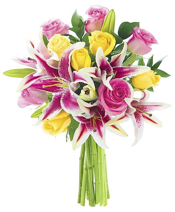 KaBloomFlowers - Bouquet of 5 Pink Rose 5 Yellow Rose, and 5 Pink Stargazer lilies With Lush Greens without vase - Gift for Birthday, Sympathy, Anniversary, Valentine, Mother’s Day Fresh Flowers