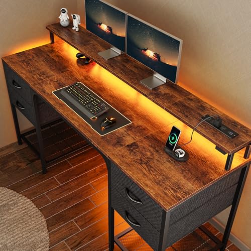 Image of Huuger 63 inch Computer Desk with 4 Drawers, Gaming Desk with LED Lights & Power Outlets, Home Office Desk with Large Storage Space for Bedroom, Work from Home, Rustic Brown