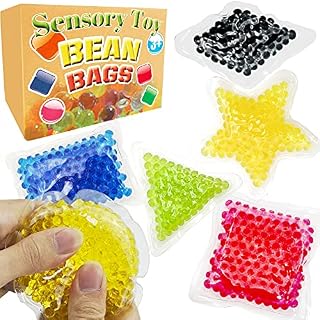 6 Pcs Sensory Bean Bags with Premium Water Beads, Squeezable Carnival Toy with Different Shapes for Stress and Anxiety Relief, Preschool Toys for Learning Shapes and Colors