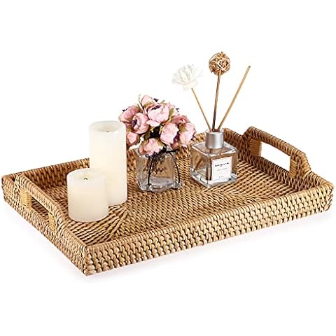 Sumnacon Rectangule Rattan Woven Serving Tray Decorative Display Tray Storage Platters with Handle Table Desktop Organiser Tray for coffer,Drink,Breakfast,Tea,Candle, 34*24cm Cover
