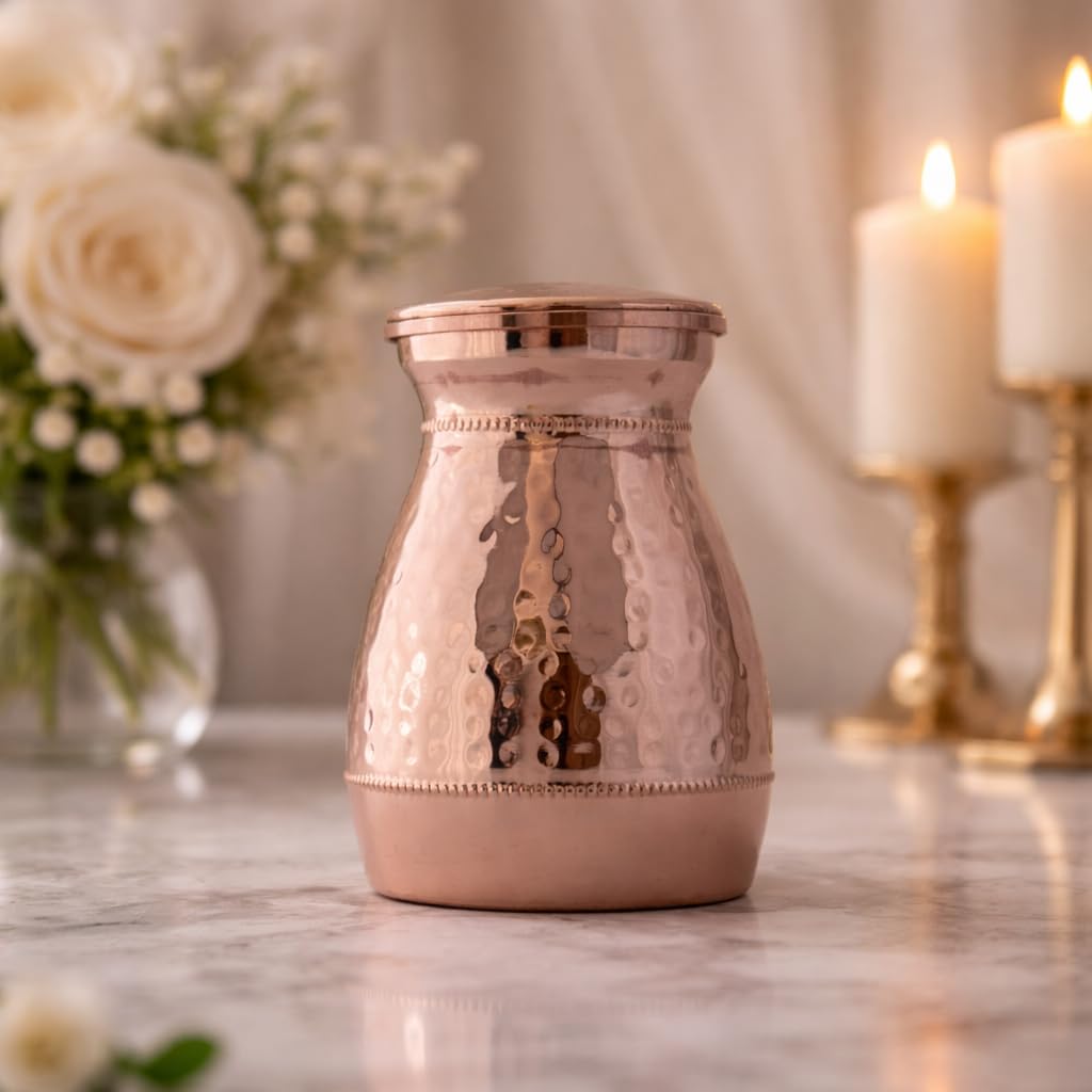 Pure Copper Vedic Bottle/Vedic Jar with Lid (500 ml) | Handmade Hammered Copper Water Storage Pot | Ayurvedic Health Drinkware | Lacquer Coated |