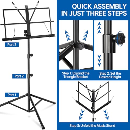 MOSEN Sheet Music Stand, Heavy Duty Music Stands Adjustable Tripod Stand with Carrying Bag, Clip Holder, Portable Book Holder for Practice & Performance, Unfolds In Seconds, Black - Thumbnail 4