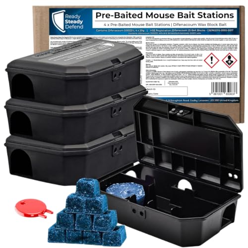 Pre-Baited Mouse Bait Station Kit (4-Pack): Child & Pet Safe, Reusable, Outdoor & Indoor, Humidity-Resistant, Eco-Friendly, UK-Made, Tamper-Resistant - Effective Rodent & Mice Control Solution