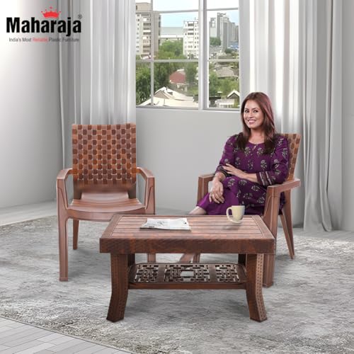 Image of MAHARAJA Luxury Plastic Armchair & Table Set | Heavy-Duty & Sleek Design for Every Space (Teakwood, 2 Chair+1 Table)